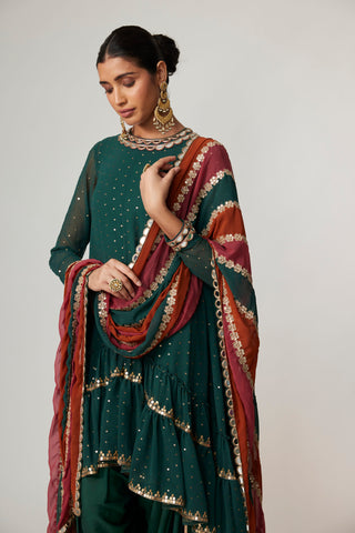 Green noorani kurta with dupatta and dhoti