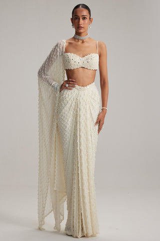 Draped Skirt Set for Contemporary Wear – Pearl White Dense Drop by Vvani By Vani Vats