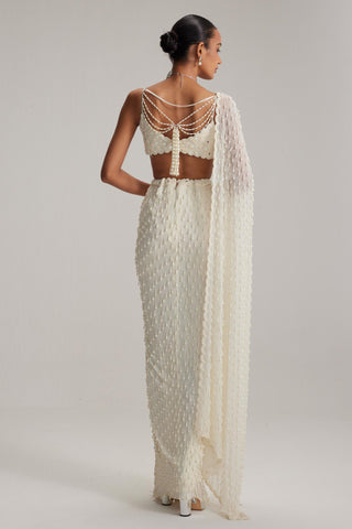 Draped Skirt Set for Contemporary Wear – Pearl White Dense Drop by Vvani By Vani Vats