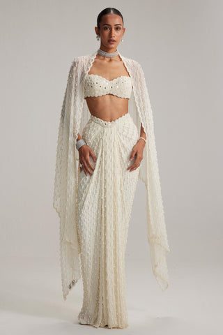 Draped Skirt Set for Contemporary Wear – Pearl White Dense Drop by Vvani By Vani Vats