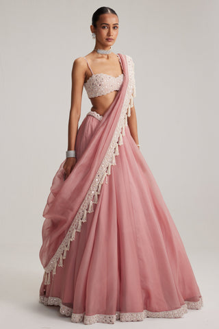 Dusty rose oas couture organza mirror and pearl lehenga set