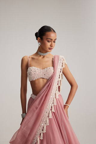 Lehenga set, Indian Wedding - Dusty Rose Organza Mirror Pearl by Vvani By Vani Vats