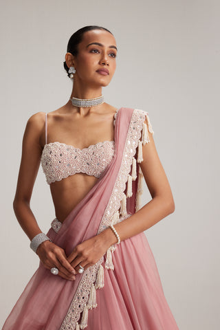 Dusty rose oas couture organza mirror and pearl lehenga set