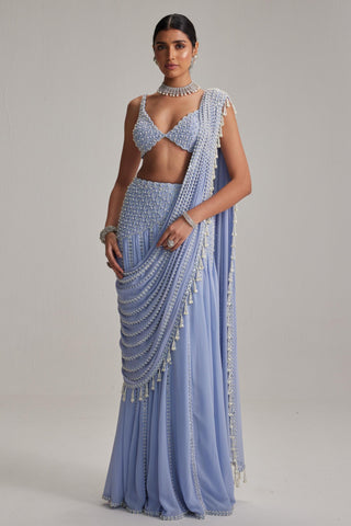 Saree Set For Cocktail/Sangeet - Blue Oas Couture Draped Saree Set by Vvani By Vani Vats