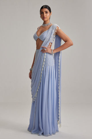 Saree Set For Cocktail/Sangeet - Blue Oas Couture Draped Saree Set by Vvani By Vani Vats