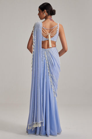 Saree Set For Cocktail/Sangeet - Blue Oas Couture Draped Saree Set by Vvani By Vani Vats