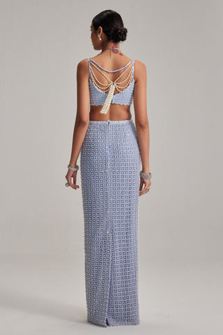 Skirt Set For Cocktail/Sangeet - Blue Oas Couture Pencil Skirt Set - Vvani By Vani Vats