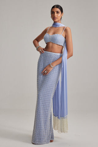 Skirt Set For Cocktail/Sangeet - Blue Oas Couture Pencil Skirt Set - Vvani By Vani Vats