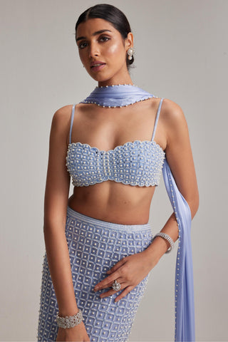 Skirt Set For Cocktail/Sangeet - Blue Oas Couture Pencil Skirt Set - Vvani By Vani Vats