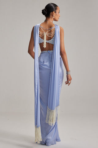 Skirt Set For Cocktail/Sangeet - Blue Oas Couture Draped Skirt Set - Vvani By Vani Vats