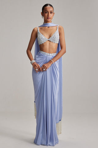 Skirt Set For Cocktail/Sangeet - Blue Oas Couture Draped Skirt Set - Vvani By Vani Vats