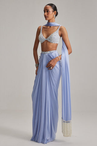 Skirt Set For Cocktail/Sangeet - Blue Oas Couture Draped Skirt Set - Vvani By Vani Vats