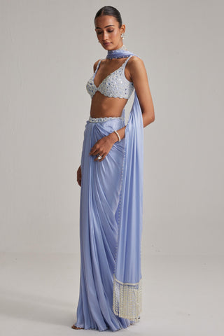 Skirt Set For Cocktail/Sangeet - Blue Oas Couture Draped Skirt Set - Vvani By Vani Vats