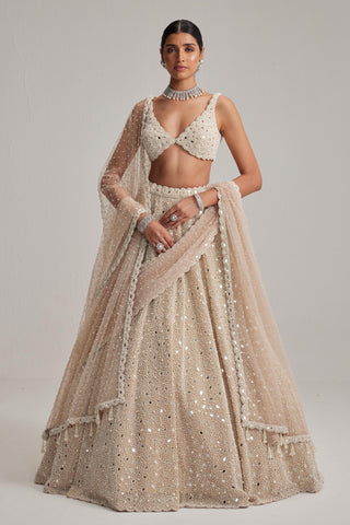 Lehenga Set for Indian Wedding – Light Beige Double Dupatta & Veil by Vvani By Vani Vats