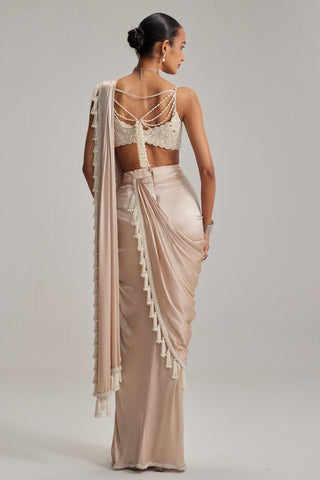 Draped Saree Set for Contemporary Wear – Light Beige Satin Pearl by Vvani By Vani Vats
