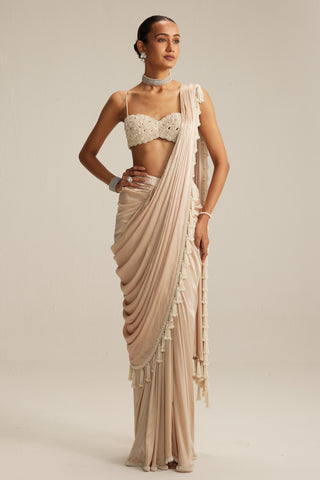 Draped Saree Set for Contemporary Wear – Light Beige Satin Pearl by Vvani By Vani Vats