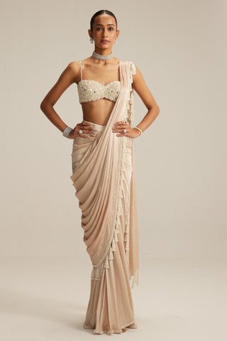 Draped Saree Set for Contemporary Wear – Light Beige Satin Pearl by Vvani By Vani Vats