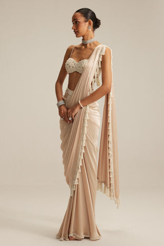 Draped Saree Set for Contemporary Wear – Light Beige Satin Pearl by Vvani By Vani Vats