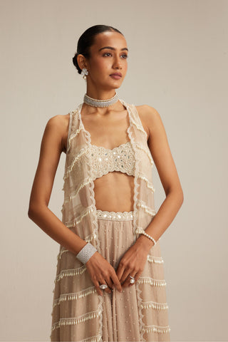 Jacket Skirt Set for Contemporary Wear – Light Beige with Blouse by Vvani By Vani Vats