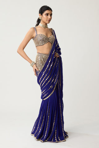 Linear Mirror Saree Set for Indian Wedding – Blue Festive Fitted by Vvani by Vani Vats