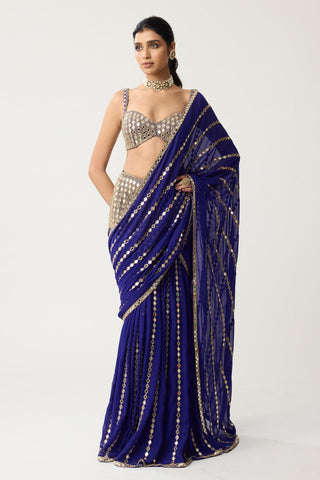 Linear Mirror Saree Set for Indian Wedding – Blue Festive Fitted by Vvani by Vani Vats