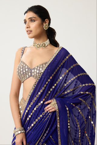 Linear Mirror Saree Set for Indian Wedding – Blue Festive Fitted by Vvani by Vani Vats