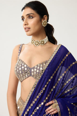 Linear Mirror Saree Set for Indian Wedding – Blue Festive Fitted by Vvani by Vani Vats