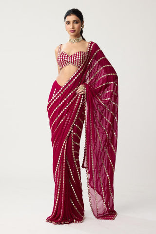 Linear Mirror Saree Set for Indian Wedding – Ruby Red Festive by Vvani by Vani Vats