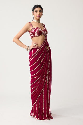 Linear Mirror Saree Set for Indian Wedding – Ruby Red Festive by Vvani by Vani Vats