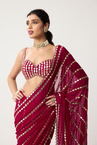 Linear Mirror Saree Set for Indian Wedding – Ruby Red Festive by Vvani by Vani Vats