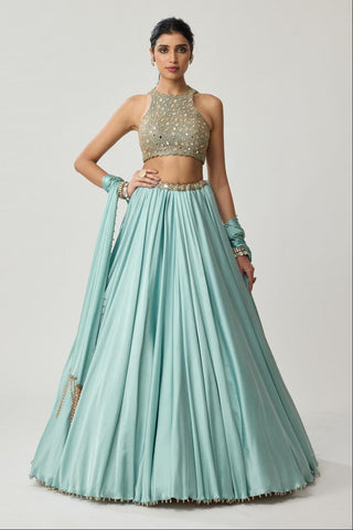 Mirror Satin Skirt Set for Indian Wedding – Powder Blue Festive by Vvani by Vani Vats