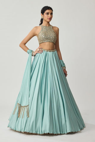 Mirror Satin Skirt Set for Indian Wedding – Powder Blue Festive by Vvani by Vani Vats