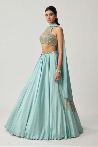 Mirror Satin Skirt Set for Indian Wedding – Powder Blue Festive by Vvani by Vani Vats