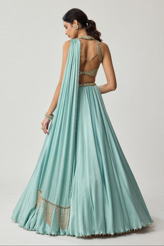 Mirror Satin Skirt Set for Indian Wedding – Powder Blue Festive by Vvani by Vani Vats