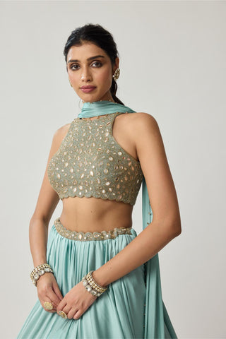 Mirror Satin Skirt Set for Indian Wedding – Powder Blue Festive by Vvani by Vani Vats
