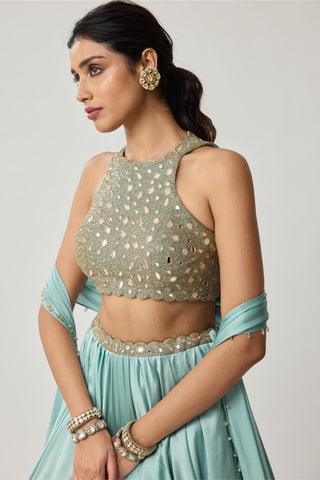 Mirror Satin Skirt Set for Indian Wedding – Powder Blue Festive by Vvani by Vani Vats
