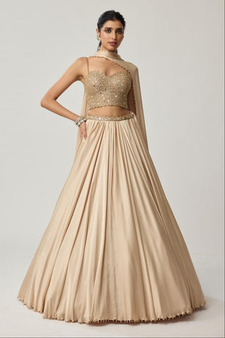 Skirt Set for Indian Wedding – Light Beige Festive Mirror Corset Satin by Vvani by Vani Vats
