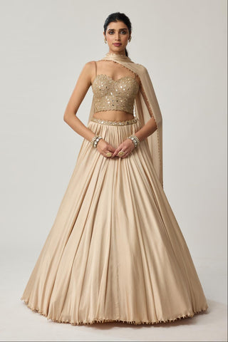 Skirt Set for Indian Wedding – Light Beige Festive Mirror Corset Satin by Vvani by Vani Vats