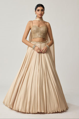 Skirt Set for Indian Wedding – Light Beige Festive Mirror Corset Satin by Vvani by Vani Vats