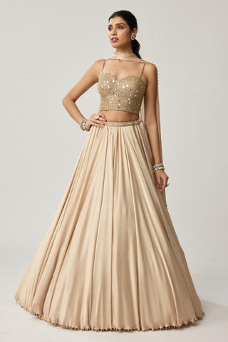 Skirt Set for Indian Wedding – Light Beige Festive Mirror Corset Satin by Vvani by Vani Vats