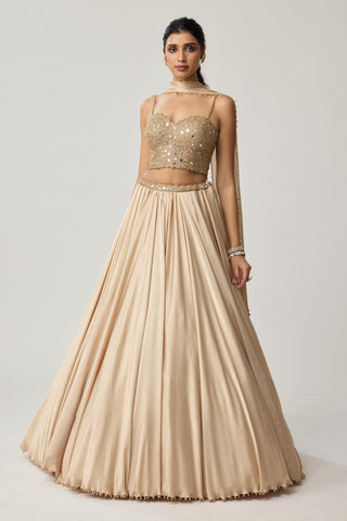 Skirt Set for Indian Wedding – Light Beige Festive Mirror Corset Satin by Vvani by Vani Vats