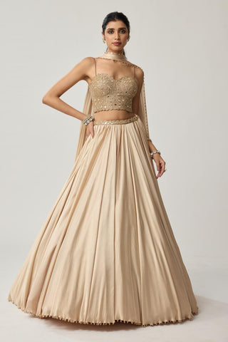 Skirt Set for Indian Wedding – Light Beige Festive Mirror Corset Satin by Vvani by Vani Vats