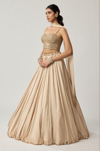 Skirt Set for Indian Wedding – Light Beige Festive Mirror Corset Satin by Vvani by Vani Vats