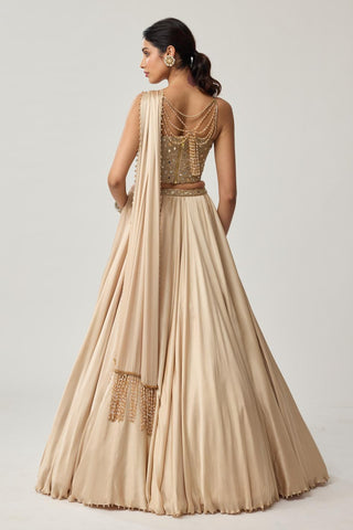 Skirt Set for Indian Wedding – Light Beige Festive Mirror Corset Satin by Vvani by Vani Vats
