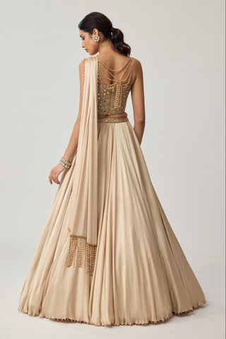 Skirt Set for Indian Wedding – Light Beige Festive Mirror Corset Satin by Vvani by Vani Vats