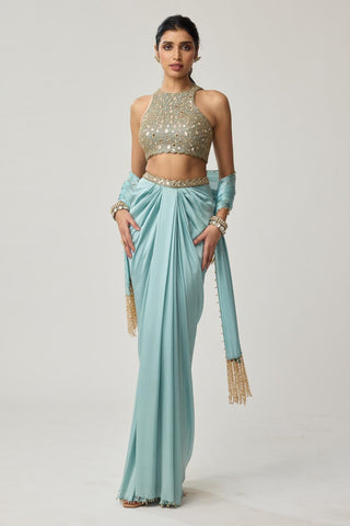 Draped Skirt Set for Indian Wedding – Powder Blue Festive Mirror Satin by Vvani by Vani Vats