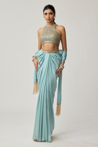 Draped Skirt Set for Indian Wedding – Powder Blue Festive Mirror Satin by Vvani by Vani Vats
