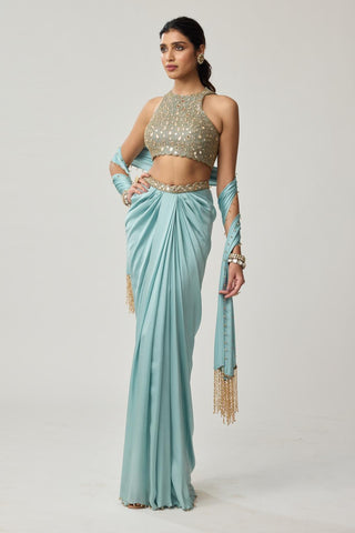 Draped Skirt Set for Indian Wedding – Powder Blue Festive Mirror Satin by Vvani by Vani Vats