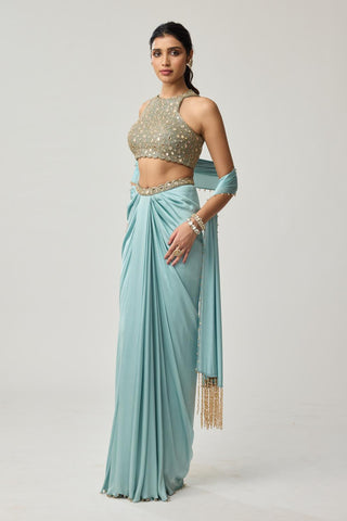 Draped Skirt Set for Indian Wedding – Powder Blue Festive Mirror Satin by Vvani by Vani Vats