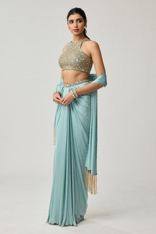 Draped Skirt Set for Indian Wedding – Powder Blue Festive Mirror Satin by Vvani by Vani Vats